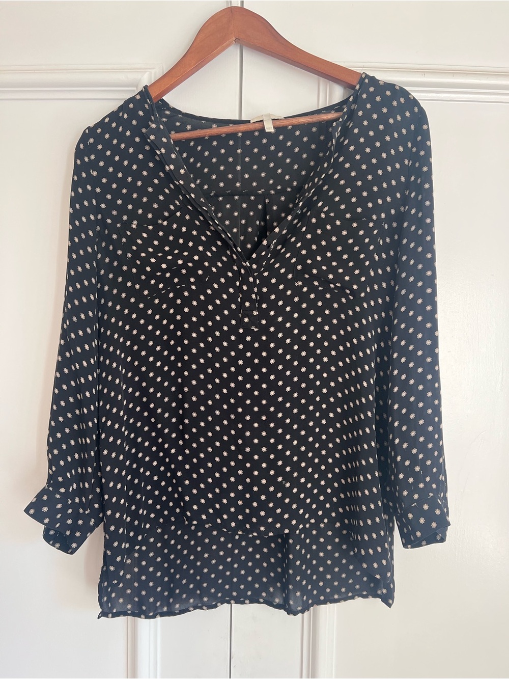 By Joie, Black With Soft Motif Blouse - Classic Button V-Neck